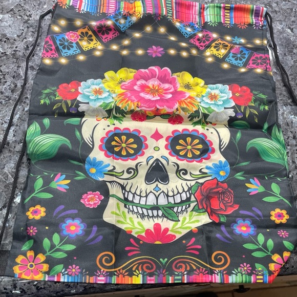 Dia De Los Muertos sugar skull colorful drawstring small backpack / NIP - Picture 1 of 6